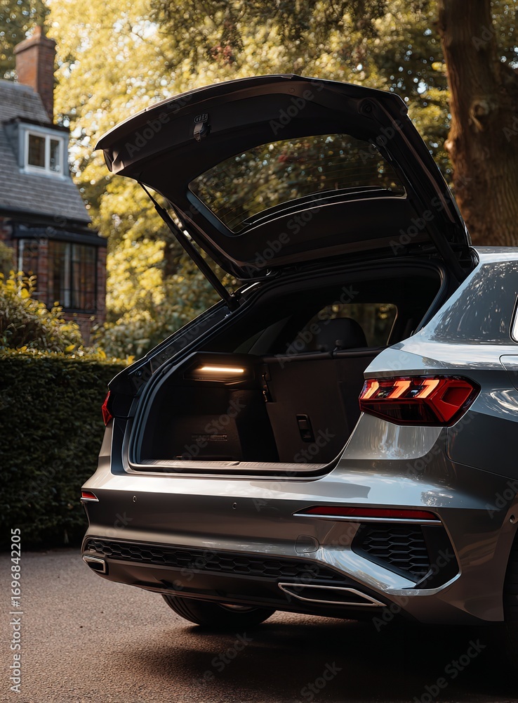 Fototapeta premium Open rear trunk door of modern car showing storage space and design details, parked outside with house and greenery in background, perfect for automotive advertising photography