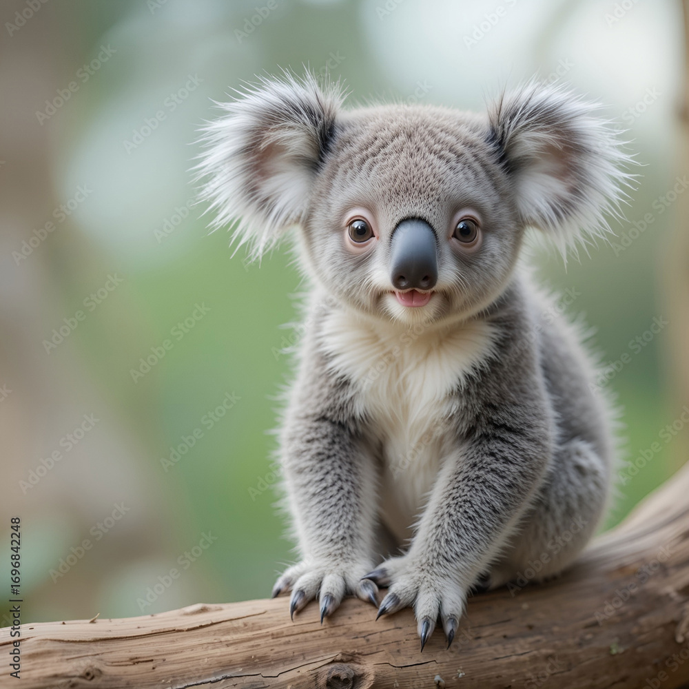 Fototapeta premium A portrait of a young koala sitting on wood, showcasing soft fur, gentle eyes, natural.