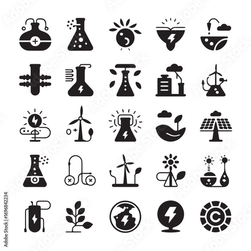 Collection of black and white icons representing renewable energy sources and scientific research concepts