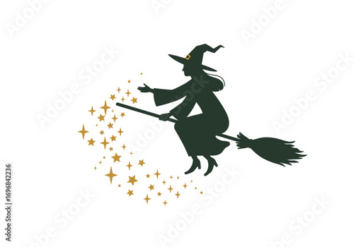 Silhouette Witch Flying on Broomstick with Stars.