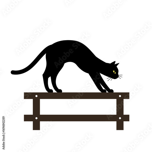 A Black Cat Stalking on a Wooden Bench.