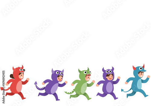 Kids in Monster Costumes Running Joyfully.