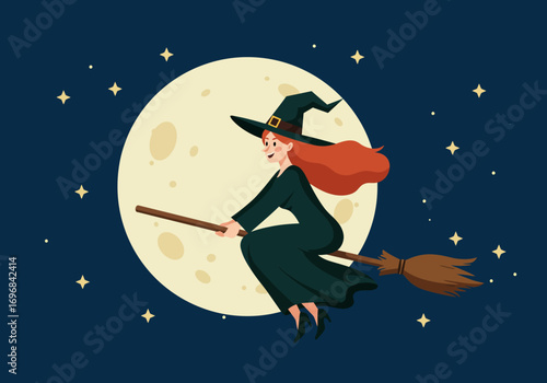 Red Haired Witch Flying on Broomstick at Night.