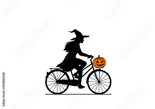 Witch Riding Bicycle with Jack-o-lantern.