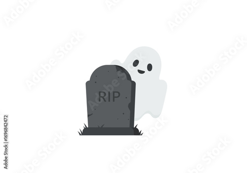 Friendly Ghost by Tombstone Halloween Illustration.