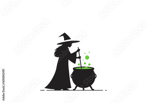 Silhouette Witch Brewing Green Potion in Cauldron.