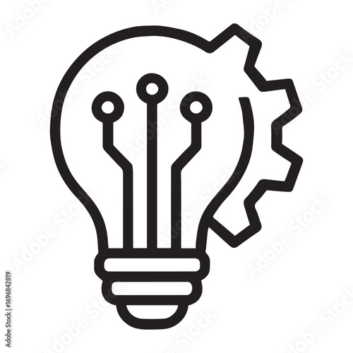 Illumination of Innovation: An artistic black and white line illustration, showcasing the fusion of an illuminated lightbulb with integrated circuit and gear components.