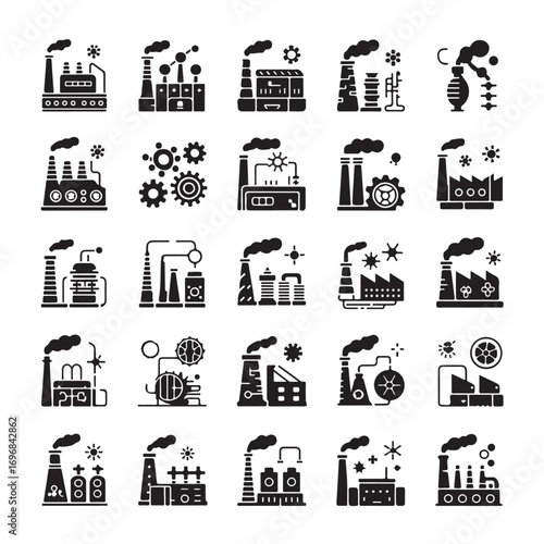 Collection of industrial factory icons representing manufacturing production and energy generation with smoke stacks