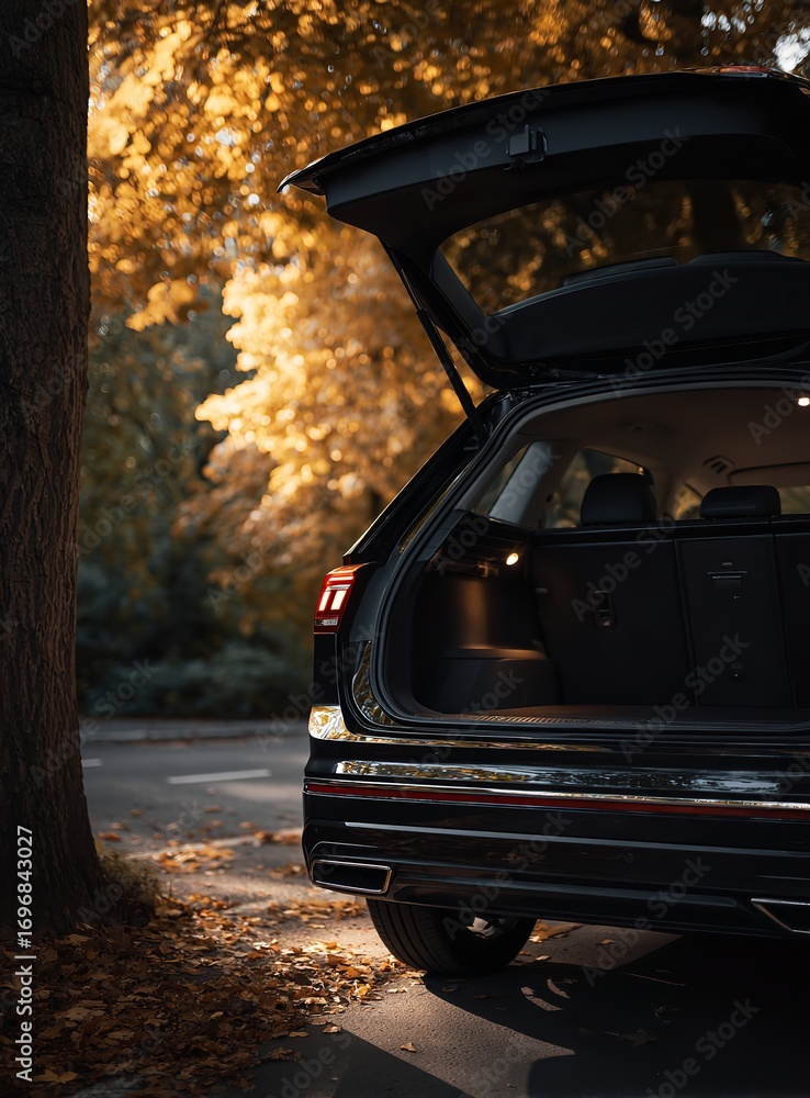 Fototapeta premium Open rear trunk door of modern car showing storage space and design details, parked outside with house and greenery in background, perfect for automotive advertising photography
