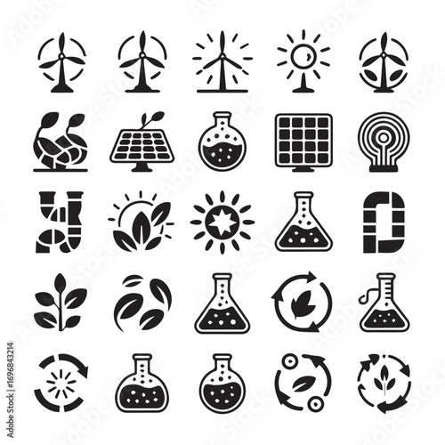 Collection of renewable energy and ecology icons representing green technology and sustainable development concepts