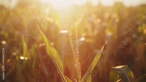 Golden hour sunbeams illuminate lush corn stalks in a vibrant summer field