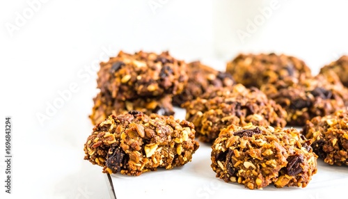 Close up of Homemade Oatmeal Raisin Cookies Stacked on a White Surface