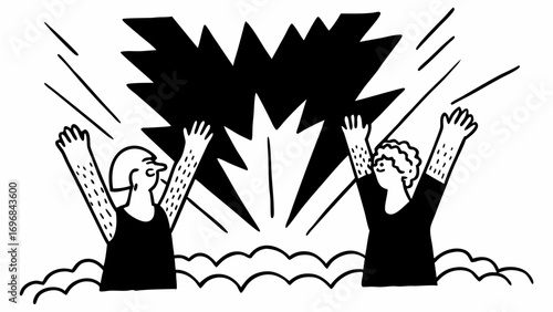Two people celebrate a sudden powerful success or breakthrough isolated on a white background.