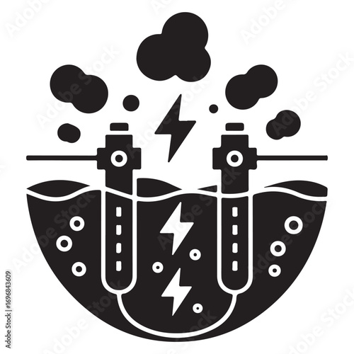 Illustration of a geothermal energy plant with steam rising and lightning bolts symbolizing electricity generation from the earth