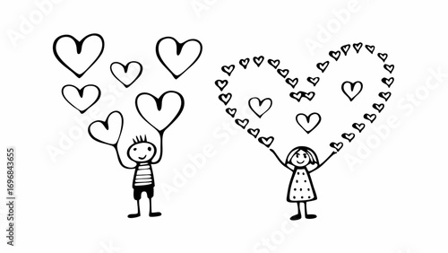 Doodle of children with hearts on a white background