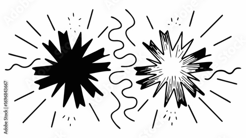 Two spiky shapes with lines and squiggles around it