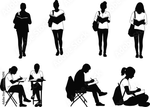 Student silhouettes, reading, writing, sitting, standing, desk, notebook, backpack, education, school, posture, academic, concentration, learning, lifestyle