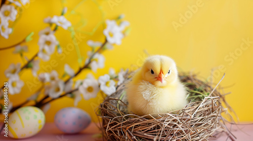 Adorable fluffy chick sits in nest surrounded by Easter eggs and spring blossoms