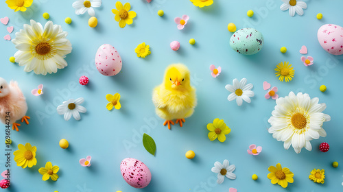 Adorable fluffy chick surrounded by pastel Easter eggs and spring flowers