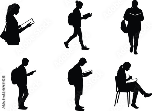 Student silhouettes, reading, writing, studying, walking, mobile use, backpacks, education, school, youth, posture, lifestyle, academic, concentration, behavior, learning