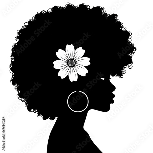 Profile Silhouette of Young Woman with Afro and Flower – Black and White Minimalist Art