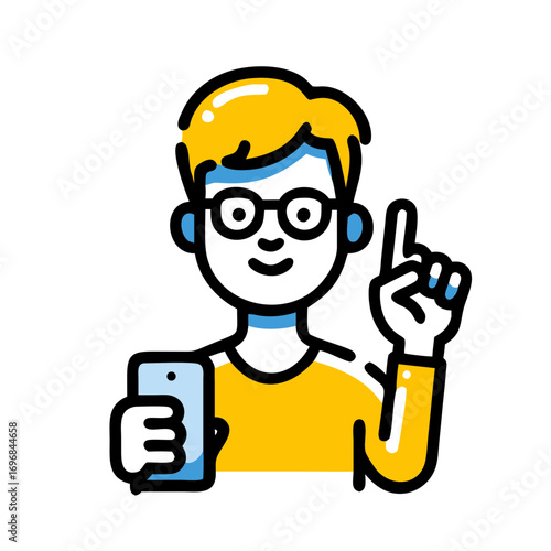 Person holding phone and pointing finger upwards now