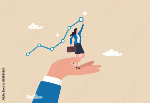 Helping hand support for business success, growth or reach target, career progress or improvement, assistance or advice, solution concept, hand helping businesswoman to reach success growing chart.