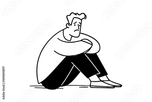 Depressed man sitting on floor hugging knees, minimal black line drawing on white background, concept of loneliness and sadness. Mental health concept.