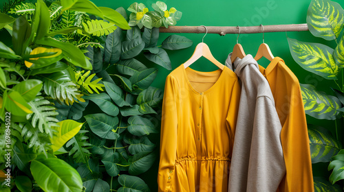 Vibrant yellow dress and grey hoodie hang on branch amidst lush green foliage