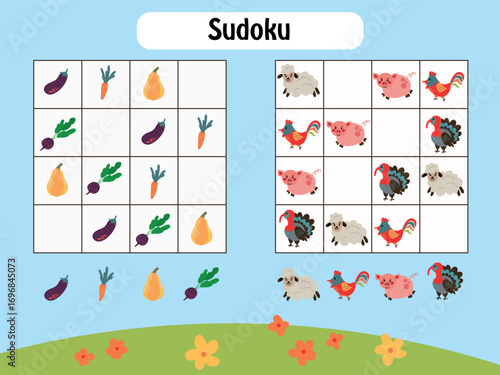 Sudoku Game with Vegetables and Farm Animals