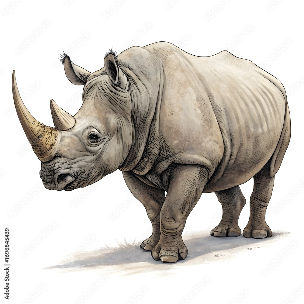 Fototapeta premium A realistic watercolor painting of a rhinoceros standing on a white background