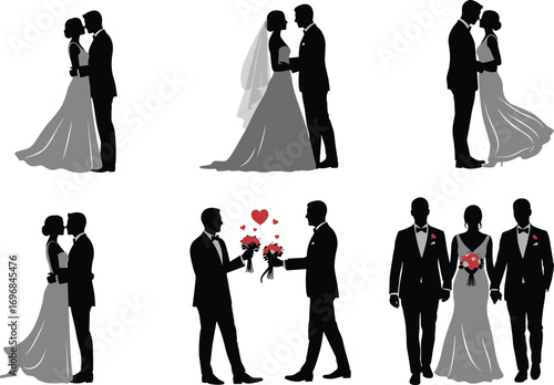 Wedding couple silhouette, romantic bride groom pose, elegant ceremony moment, black white love, marriage celebration art