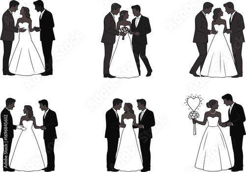 Wedding couple silhouette, romantic embrace, gay marriage moment, bouquet love, heart balloon, black white ceremony, elegant bridal groom pose art