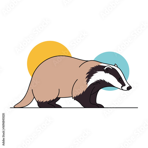 Cartoon badger walking with abstract circles background illustration