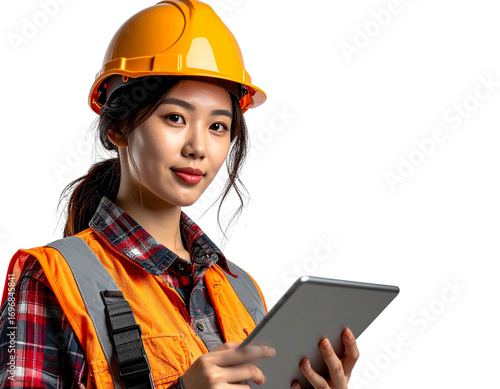 Firefly_Female construction worker using a tablet, isolated on a transparent background. PNG