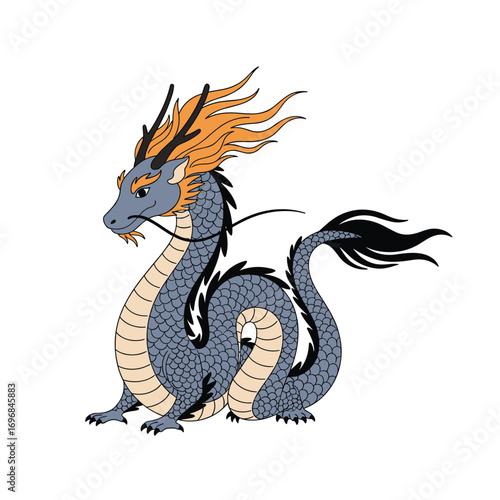 Majestic mythical serpent creature with fiery mane and scaly body detailed illustration