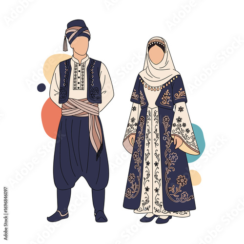 Traditional ethnic couple attire cultural heritage illustration art
