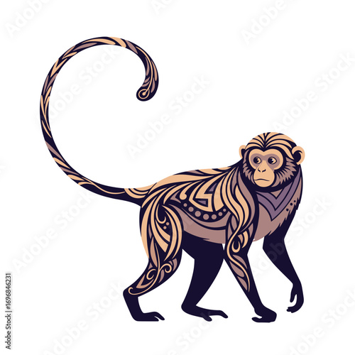 Artistic depiction of a stylized monkey with intricate tribal patterns and a long curled tail