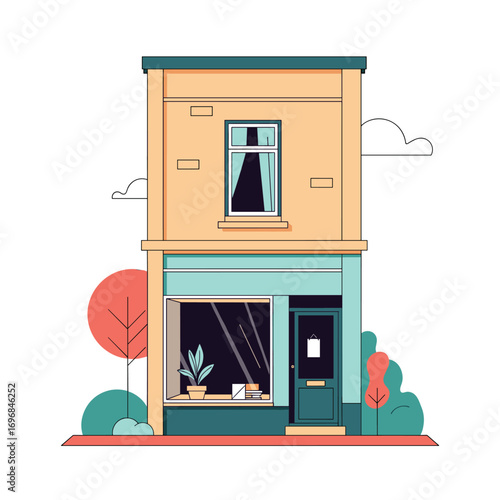 Charming two story building with large shop window and lush greenery out front