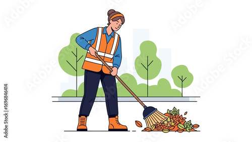 Street Sweeper at Work: A diligent street sweeper efficiently clears fallen leaves from a sidewalk. An illustration of a person dedicated to keeping public spaces tidy.