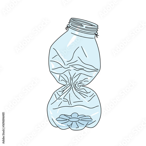 Crushed empty plastic beverage bottle with cap removed for recycling purposes and environmental awareness illustration