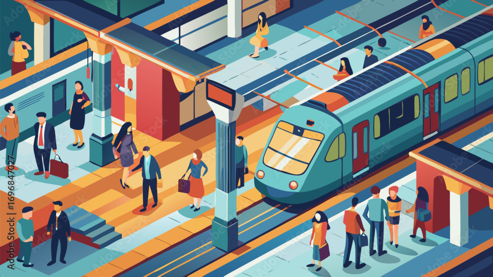 Fototapeta premium Passengers waiting and walking on a vibrant metro platform with a modern train at the station