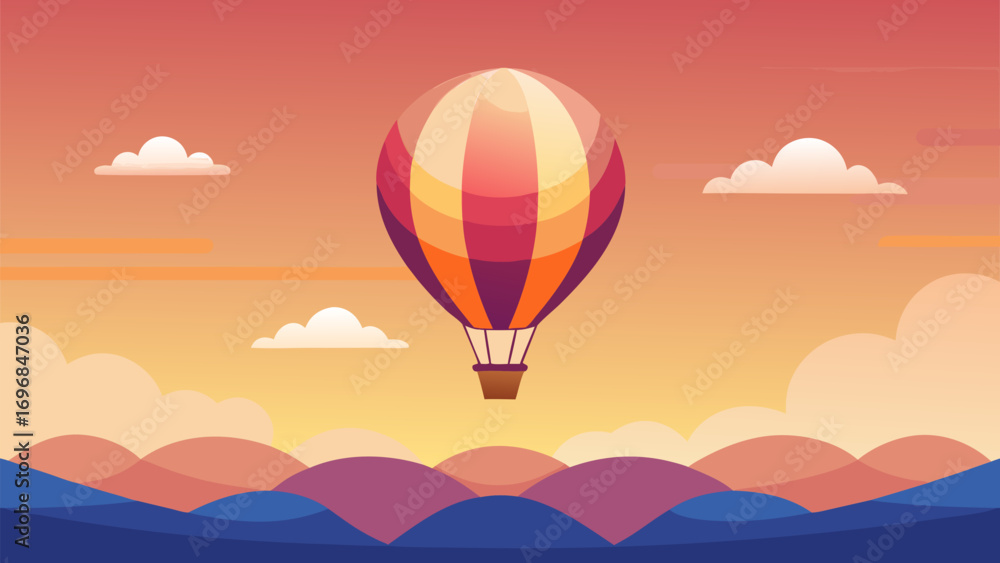 Fototapeta premium Hot air balloon flying over colorful hills during sunset with scenic sky and clouds