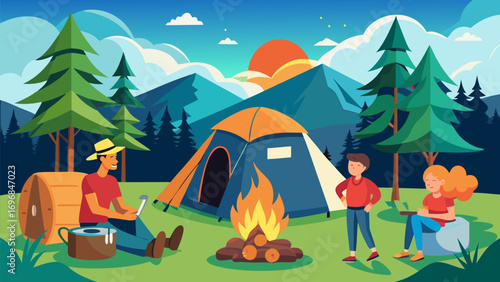 People camping in the forest with a tent and campfire surrounded by trees and mountains at sunset