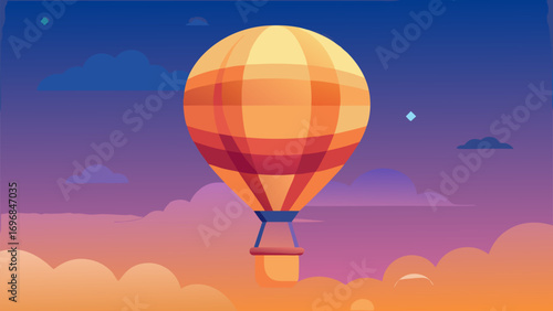 Hot air balloon floating in the evening sky with colorful clouds and soft twilight tones