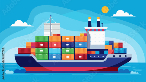 Container cargo ship sailing on the ocean under sunny sky with colorful freight boxes on deck
