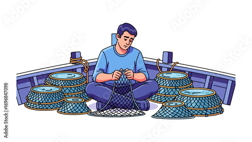 Crafting Nets: An illustration portrays a skilled artisan meticulously weaving fishing nets, showcasing the patient artistry and dedication.