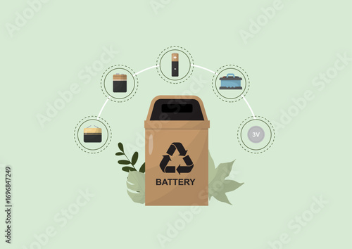Battery Recycling Collection Box. Battery recycling bin with different battery types. Battery waste disposal and environmental responsibility. Battery waste concept. Flat style. Vector illustration