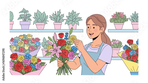 Florist's Artistic Touch: Capturing the creativity and artistry of a florist as she arranges a vibrant bouquet, surrounded by a collection of fresh flowers and plants.