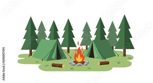 campfire glowing warmly near tents surrounded by tall trees
